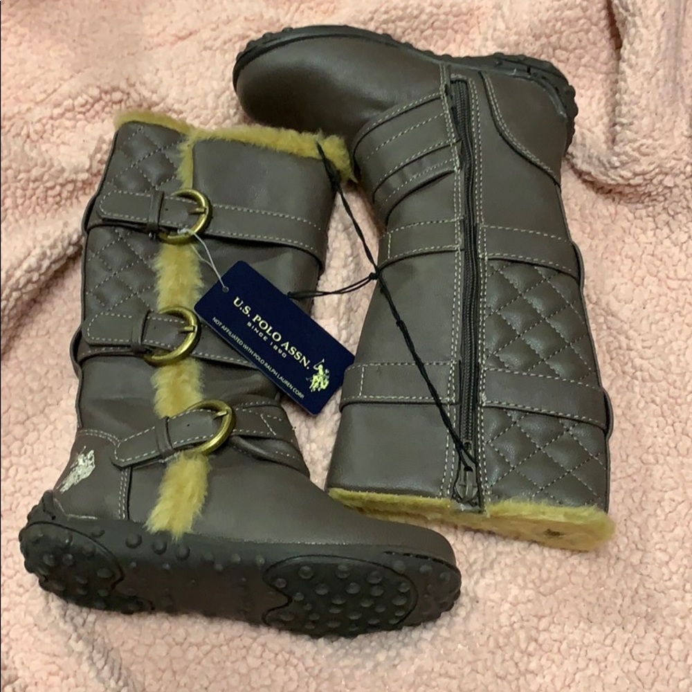 Brown and tan tall boots